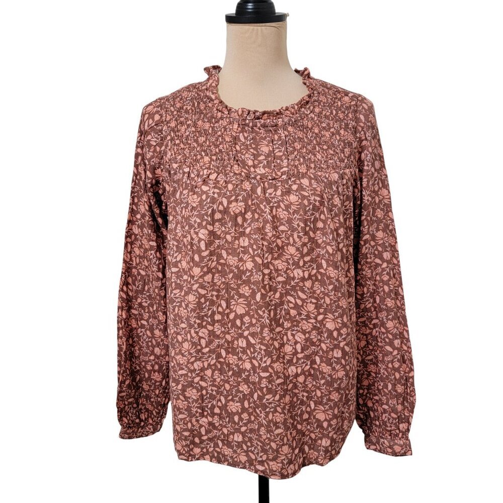 Sonoma Size S Brown and Peach Floral Smocked Long Sleeve Blouse, NEW with Tag